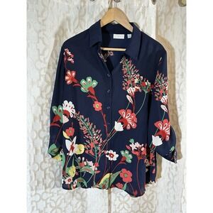 New York & Co Women's Navy Floral Tunic Blouse Top Long Sleeve Size Large